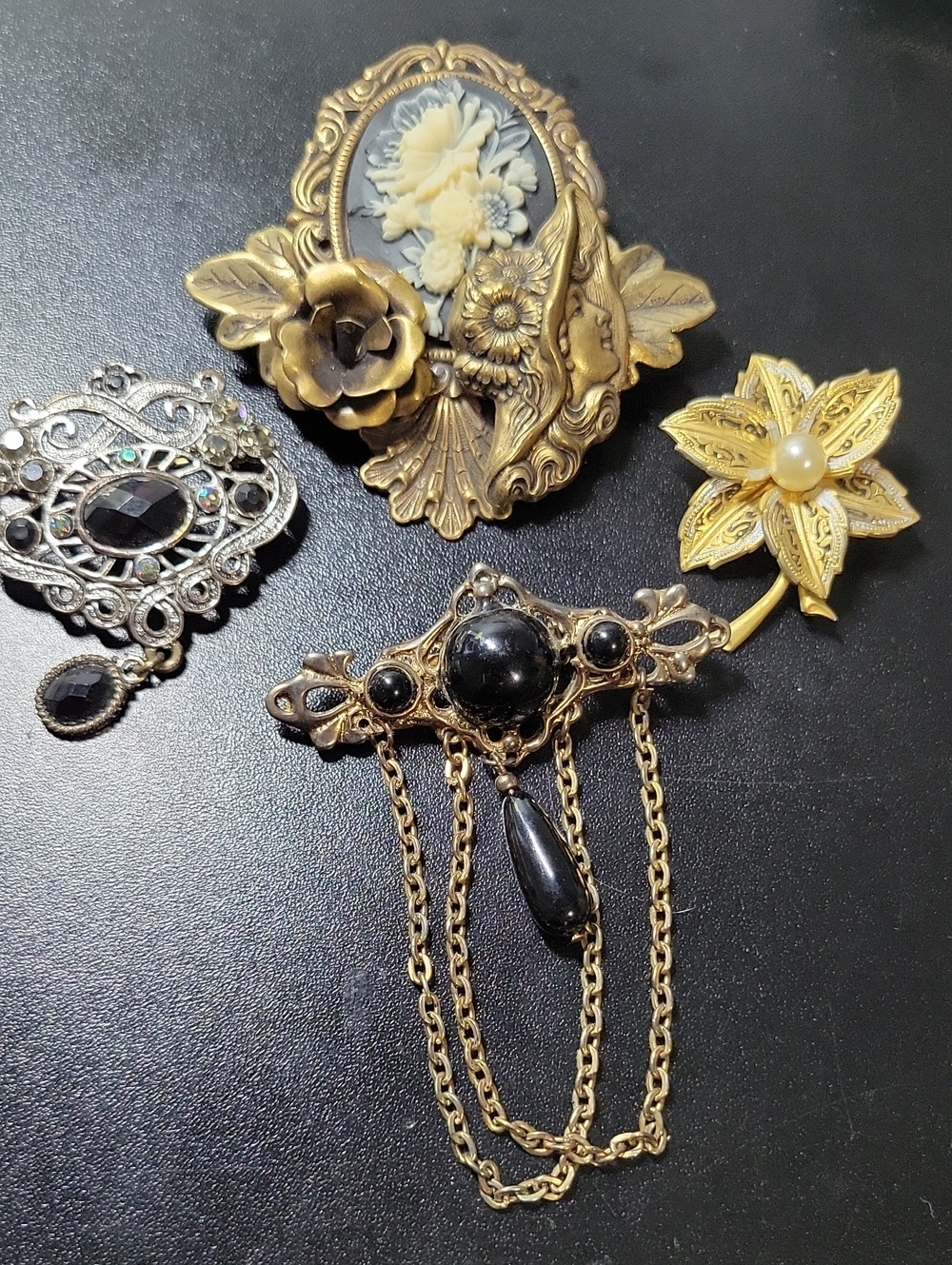 Vintage Style Gold Tone and Black Floral Brooch Pin with Pearl Accent